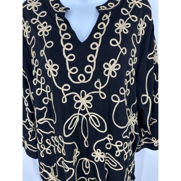 Catherines Black Tunic Top With Gold Floral Embroidery 3/4 Sleeves V-Neck Sz 1X - Picture 2 of 10